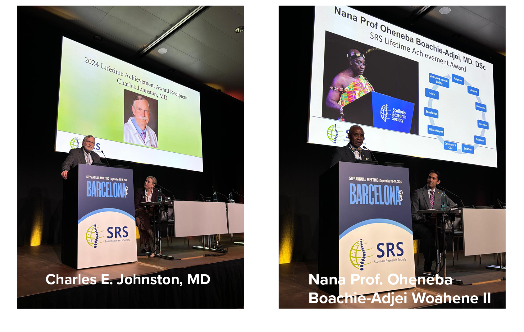 Banner with individual photos of Charles E. Johnston, MD, and Nana Prof. Oheneba Boachie-Adjei Woahene II at a podium in Barcelona, accepting their 2024 Scoliosis Research Society Lifetime Achievement Awards